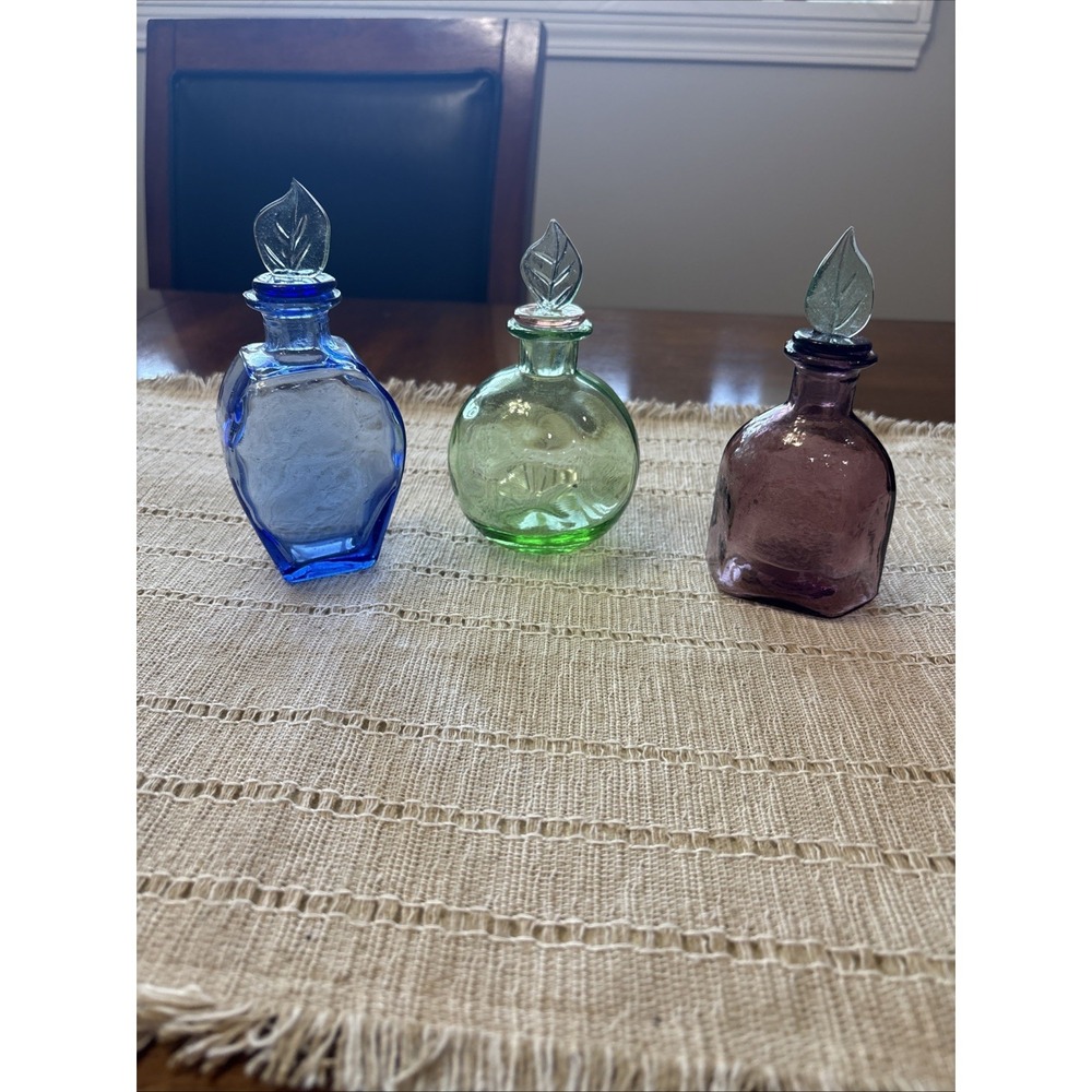 Set of 3, Gardeners Eden Glass Perfume‎ Bottles, Blue, Pink, Green